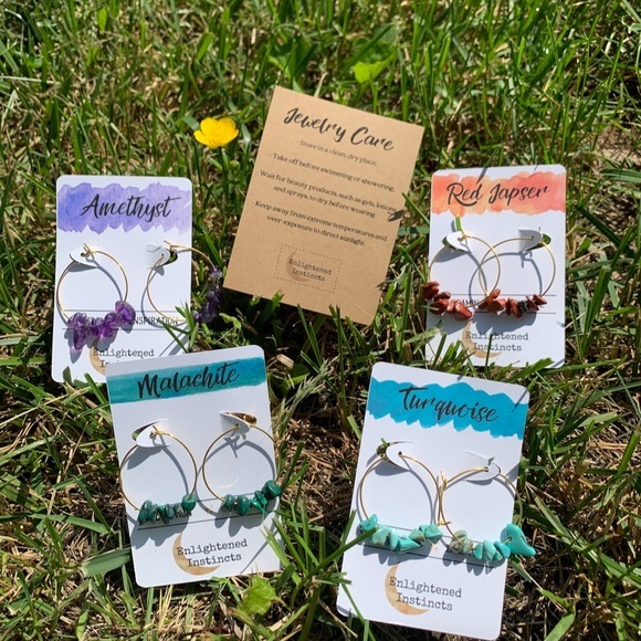 Gold Gemstone Hoop Earrings, Boho Hoops - Picture 6 of 7